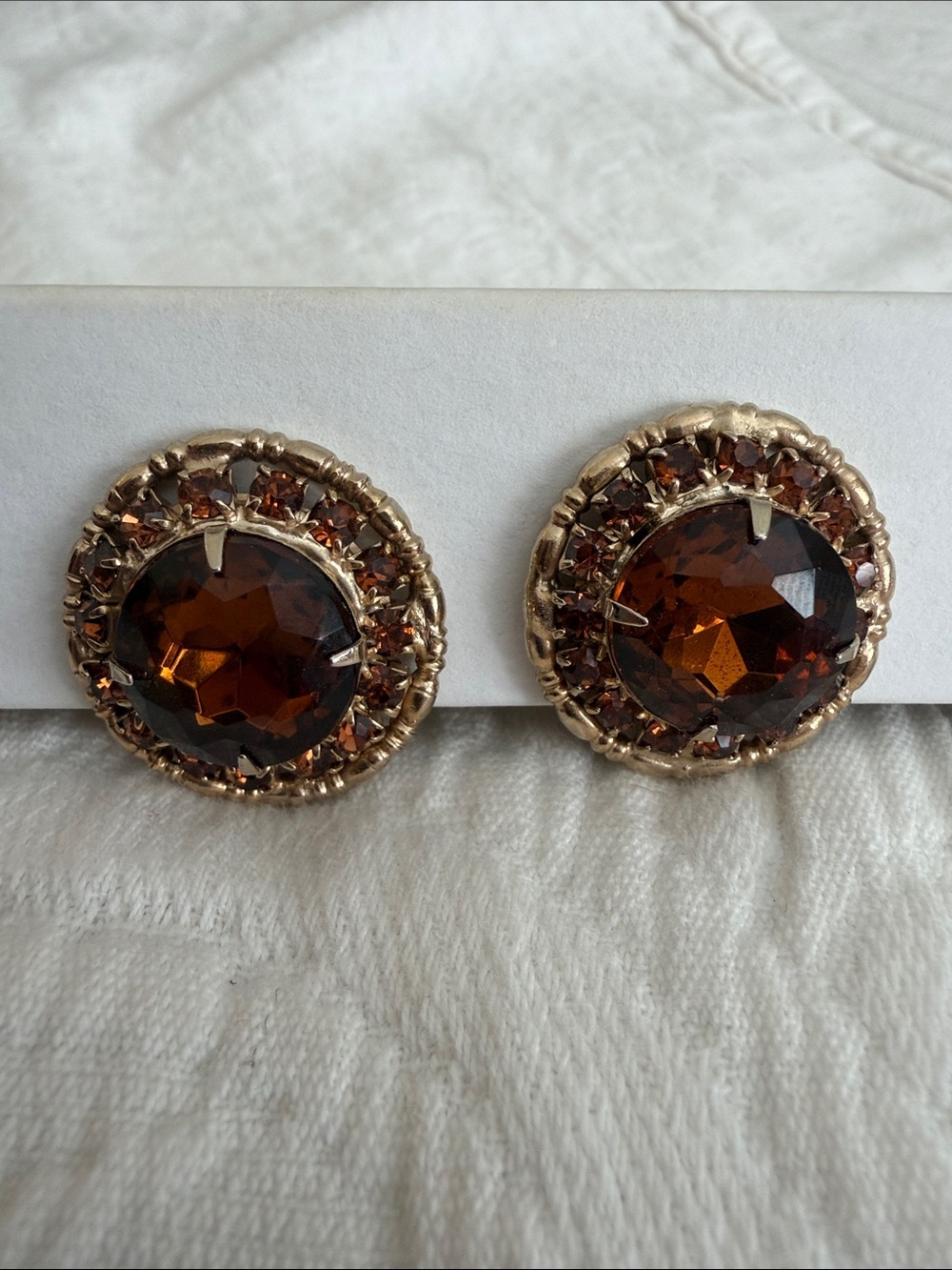 Weiss - Vintage Signed Smoked Topaz Rhinestone Halo Round Clip Earrings